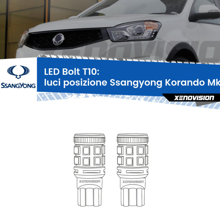 <strong>Luci posizione LED per Ssangyong Korando</strong> Mk3 2010-2012. Coppia lampade <strong>T10</strong> modello Bolt canbus.