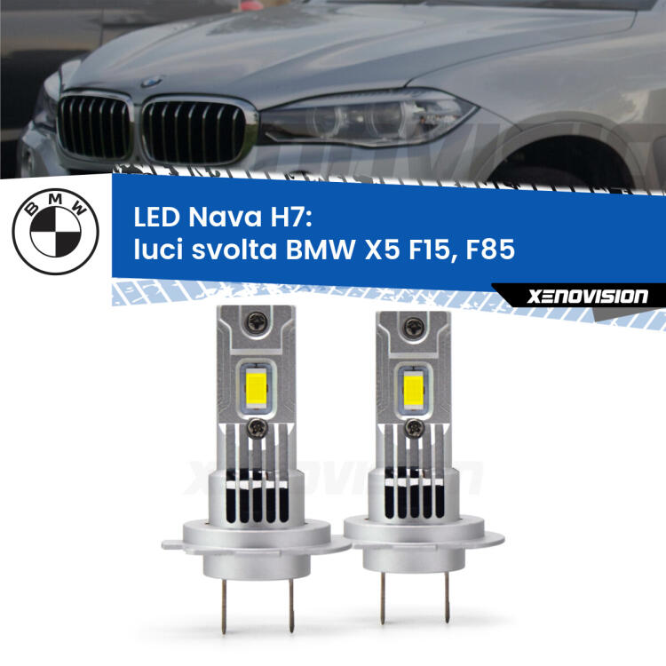 <strong>Luci svolta LED no-spie per BMW X5</strong> F15, F85 2014 - 2018. Coppia lampade <strong>H7</strong> modello Nava canbus, raffreddate a ventola.