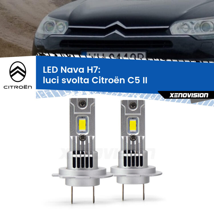 <strong>Luci svolta LED no-spie per Citroën C5</strong> II con fari alogeni. Coppia lampade <strong>H7</strong> modello Nava canbus, raffreddate a ventola.