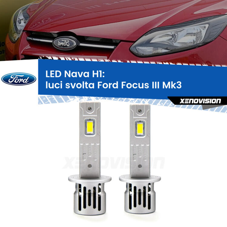 <strong>Luci svolta LED no-spie per Ford Focus</strong> Mk3 2011 - 2017. Coppia lampade <strong> H1</strong> modello Nava canbus, raffreddate a ventola.