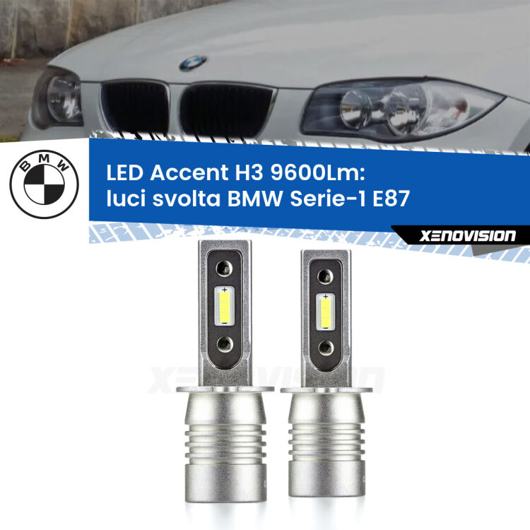 <strong>Kit LED Luci svolta per BMW Serie-1</strong> E87 2003 - 2012.</strong> Coppia lampade <strong>H3</strong> senza ventola e ultracompatte per installazioni in fari senza spazi.