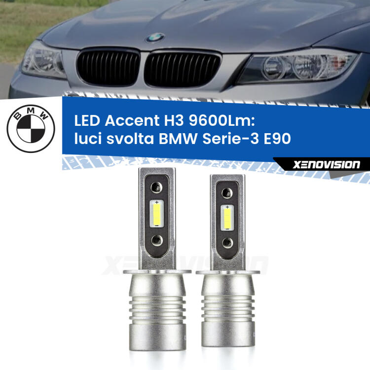 <strong>Kit LED Luci svolta per BMW Serie-3</strong> E90 2005 - 2011.</strong> Coppia lampade <strong>H3</strong> senza ventola e ultracompatte per installazioni in fari senza spazi.
