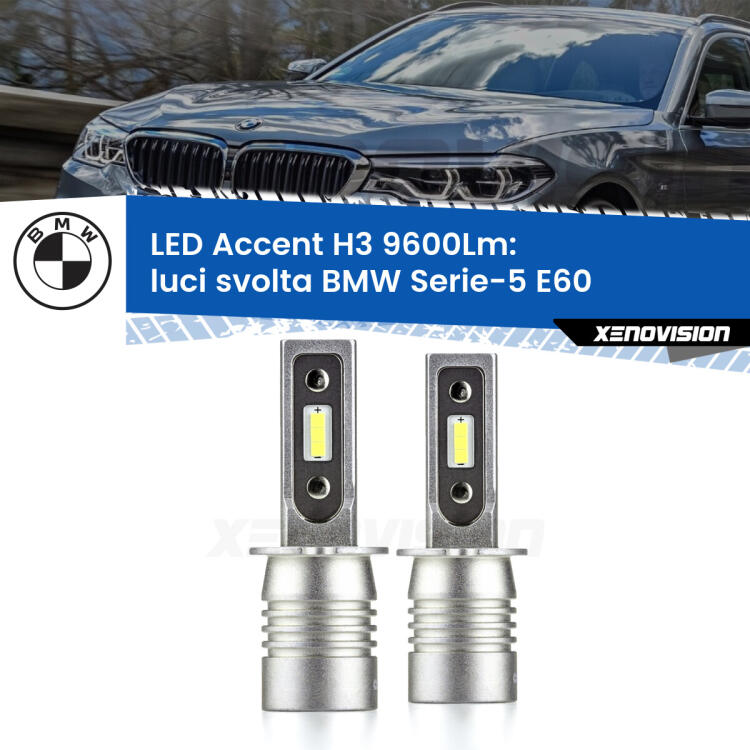 <strong>Kit LED Luci svolta per BMW Serie-5</strong> E60 2007 - 2010.</strong> Coppia lampade <strong>H3</strong> senza ventola e ultracompatte per installazioni in fari senza spazi.