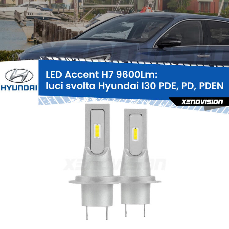 <strong>Kit LED Luci svolta per Hyundai I30</strong> PDE, PD, PDEN 2016 in poi.</strong> Coppia lampade <strong>H7</strong> senza ventola e ultracompatte per installazioni in fari senza spazi.