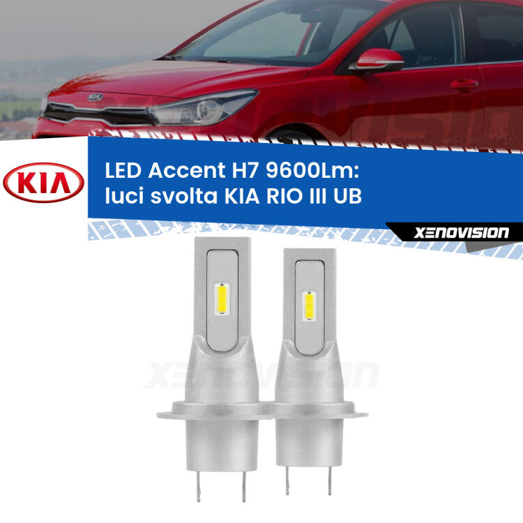 <strong>Kit LED Luci svolta per KIA RIO III</strong> UB 2011 - 2016.</strong> Coppia lampade <strong>H7</strong> senza ventola e ultracompatte per installazioni in fari senza spazi.