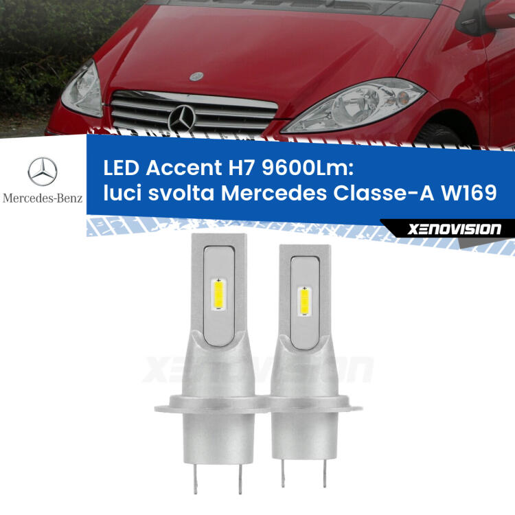 <strong>Kit LED Luci svolta per Mercedes Classe-A</strong> W169 2004 - 2012.</strong> Coppia lampade <strong>H7</strong> senza ventola e ultracompatte per installazioni in fari senza spazi.