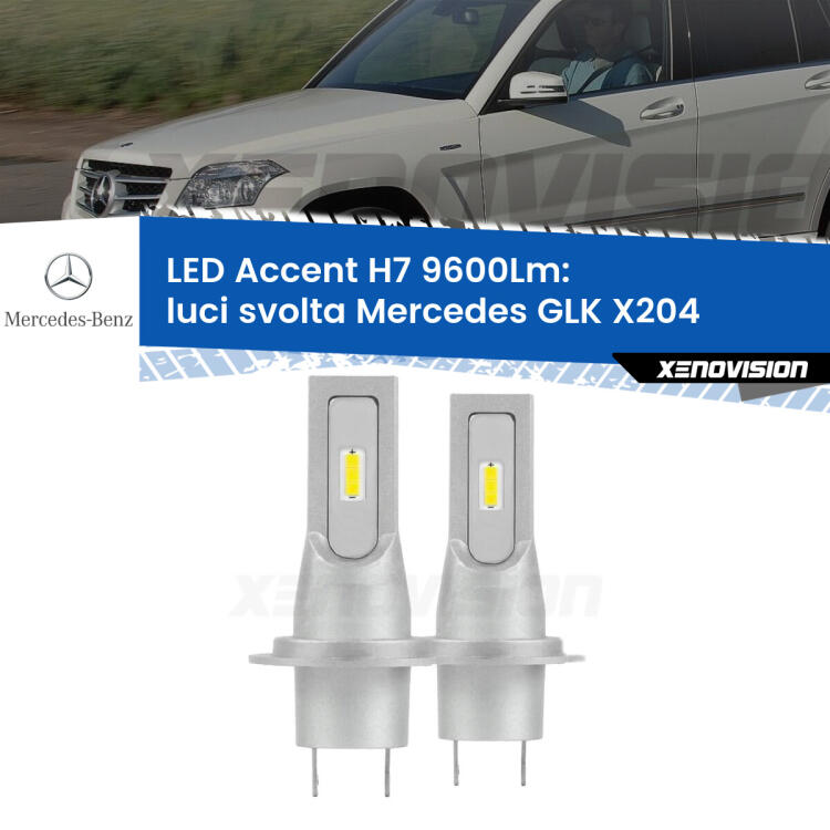 <strong>Kit LED Luci svolta per Mercedes GLK</strong> X204 2008 - 2015.</strong> Coppia lampade <strong>H7</strong> senza ventola e ultracompatte per installazioni in fari senza spazi.