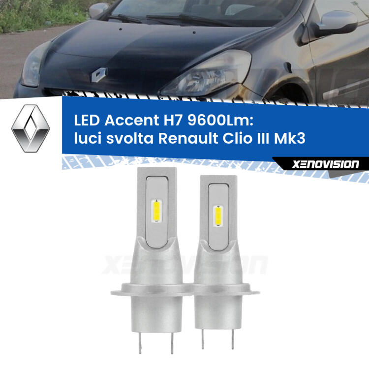 <strong>Kit LED Luci svolta per Renault Clio III</strong>  2005 - 2011.</strong> Coppia lampade <strong>H7</strong> senza ventola e ultracompatte per installazioni in fari senza spazi.