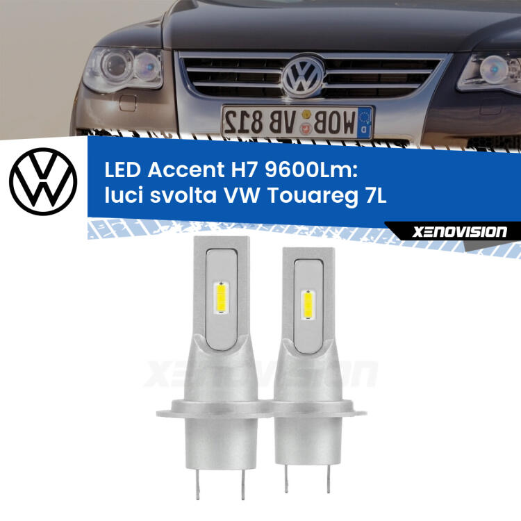 <strong>Kit LED Luci svolta per VW Touareg</strong> 7L 2002 - 2010.</strong> Coppia lampade <strong>H7</strong> senza ventola e ultracompatte per installazioni in fari senza spazi.