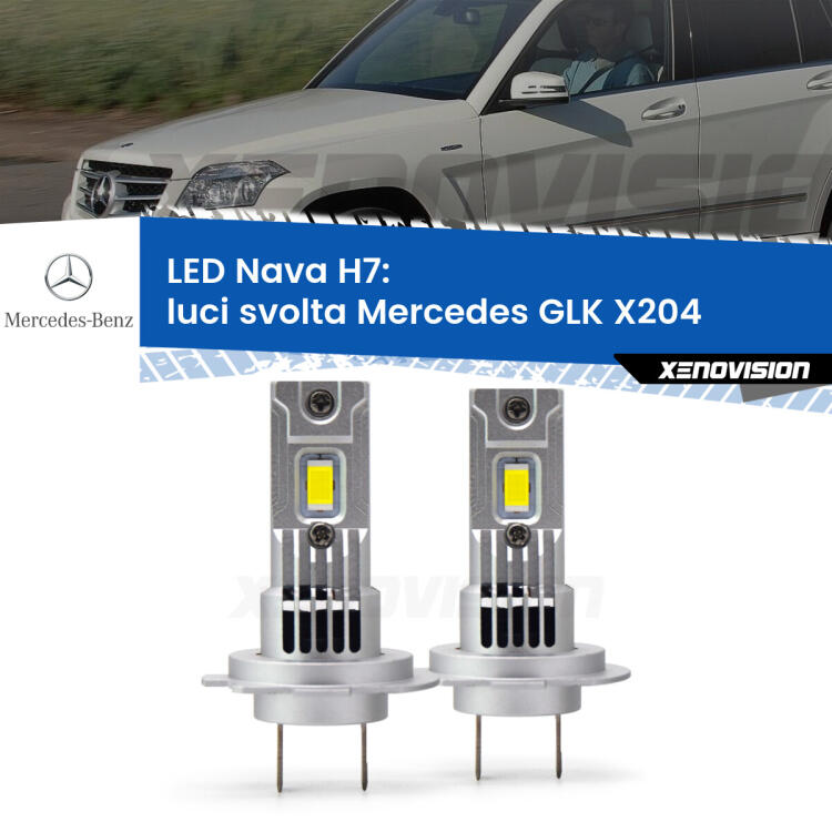 <strong>Luci svolta LED no-spie per Mercedes GLK</strong> X204 2008 - 2015. Coppia lampade <strong>H7</strong> modello Nava canbus, raffreddate a ventola.