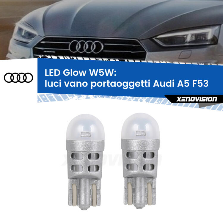 <strong>Luci Vano Portaoggetti LED luce calda per Audi A5</strong> F53 2016 - 2020. Coppia lampade <strong>W5W</strong> modello Glow di Xenovision.