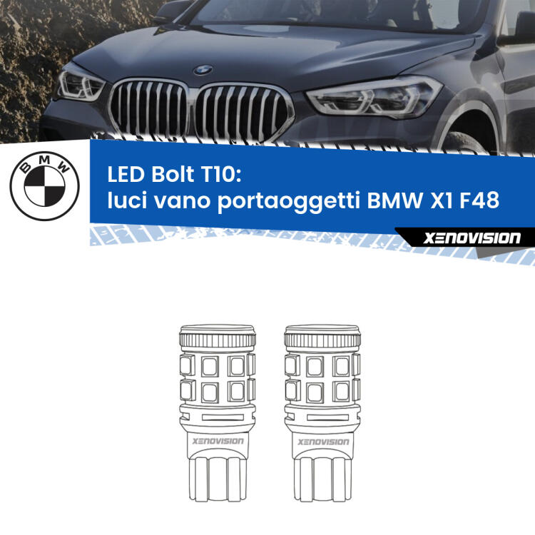 <strong>Luci Vano Portaoggetti LED per BMW X1</strong> F48 2016 - 2021. Coppia lampade <strong>T10</strong> modello Bolt canbus.
