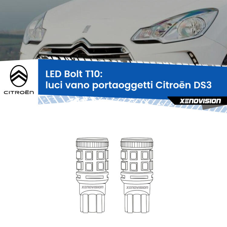 <strong>Luci Vano Portaoggetti LED per Citroën DS3</strong>  2009 - 2015. Coppia lampade <strong>T10</strong> modello Bolt canbus.