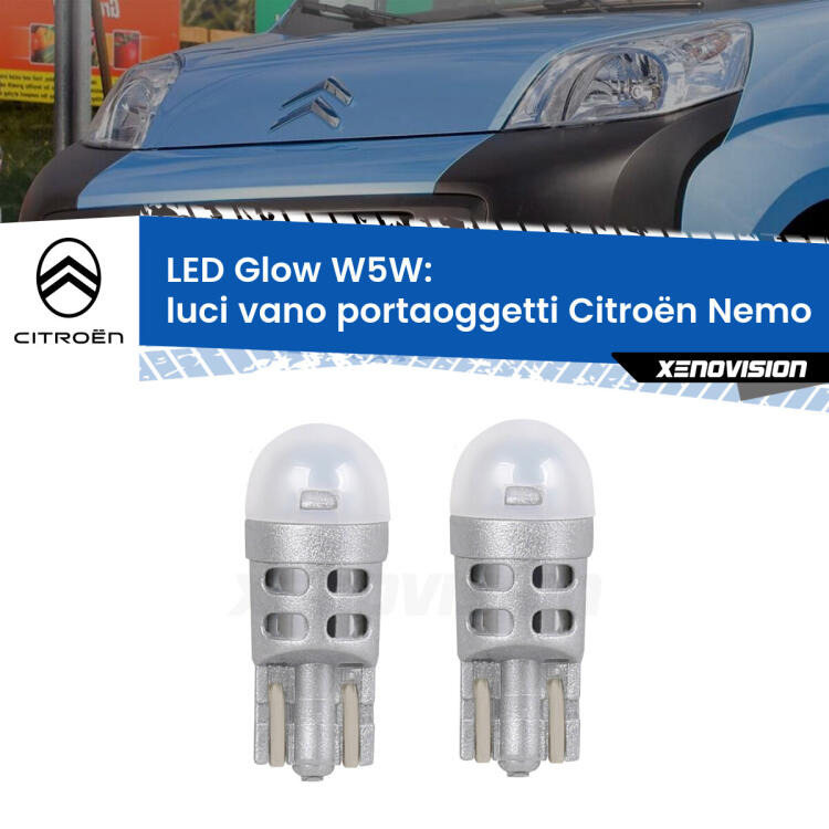 <strong>Luci Vano Portaoggetti LED luce calda per Citroën Nemo</strong>  2008 in poi. Coppia lampade <strong>W5W</strong> modello Glow di Xenovision.