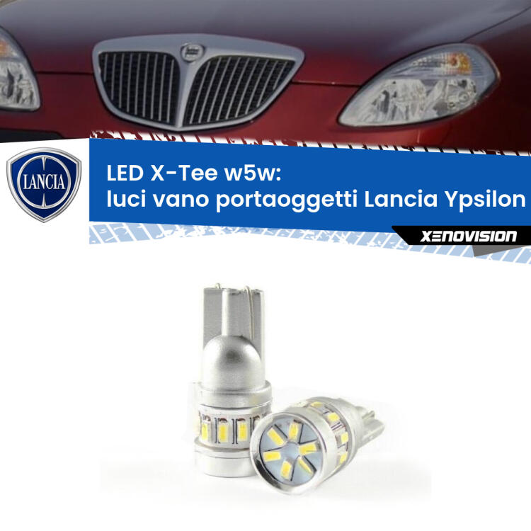 <strong>LED luci vano portaoggetti per Lancia Ypsilon</strong> 843 2003 - 2011. Lampade <strong>W5W</strong> modello X-Tee Xenovision top di gamma.