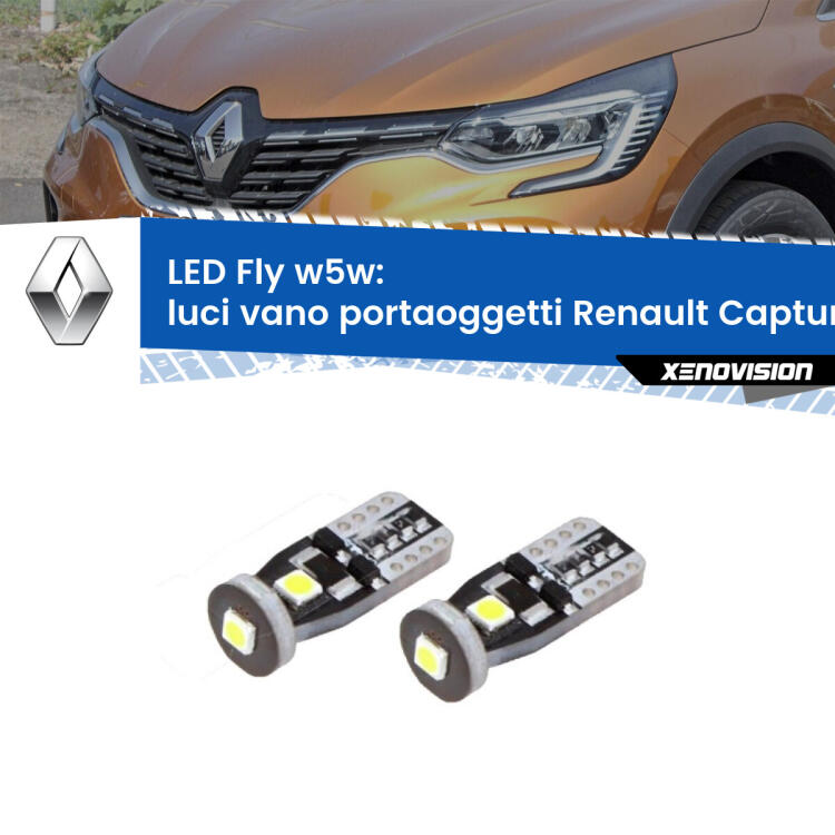 <strong>luci vano portaoggetti LED per Renault Captur II</strong> JB/JE 2019 in poi. Coppia lampadine <strong>w5w</strong> Canbus compatte modello Fly Xenovision.