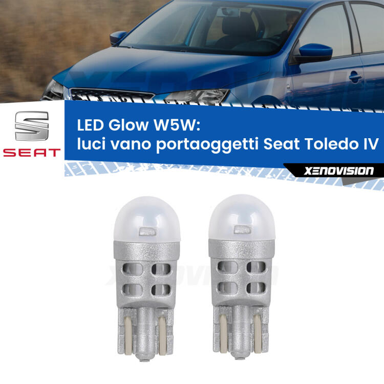 <strong>Luci Vano Portaoggetti LED luce calda per Seat Toledo IV</strong> KG 2012 - 2019. Coppia lampade <strong>W5W</strong> modello Glow di Xenovision.