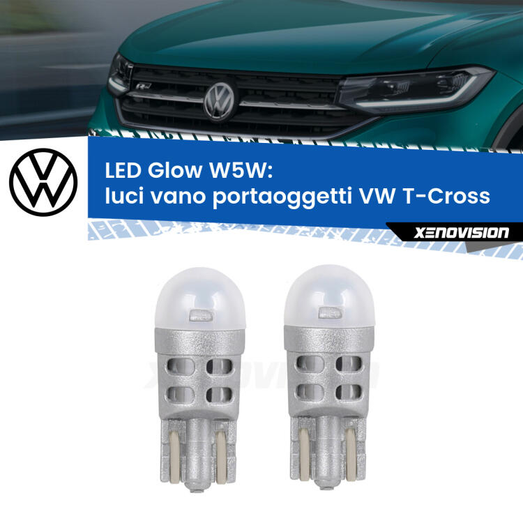 <strong>Luci Vano Portaoggetti LED luce calda per VW T-Cross</strong>  2018 in poi. Coppia lampade <strong>W5W</strong> modello Glow di Xenovision.