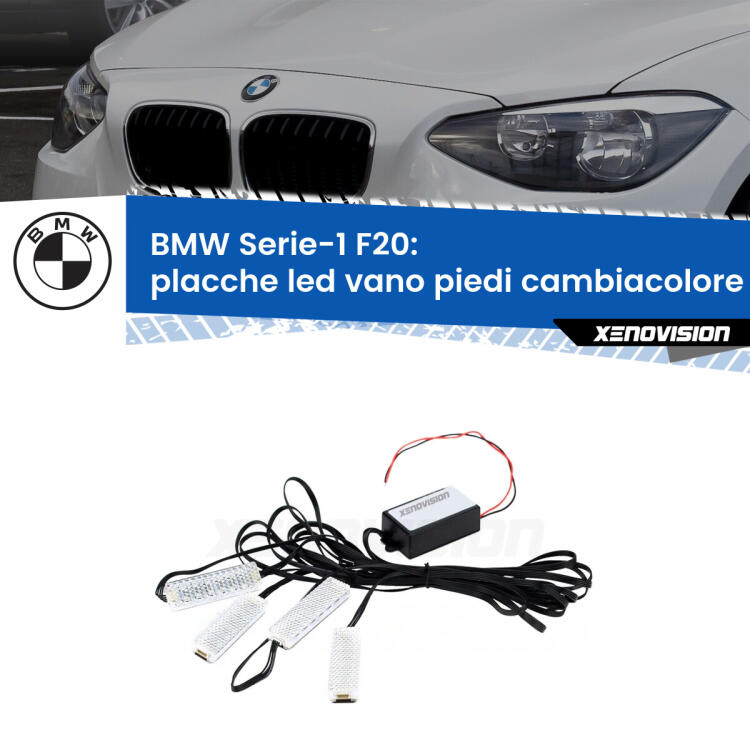 <strong>Kit placche LED cambiacolore vano piedi BMW Serie-1</strong> F20 2010 - 2019. 4 placche <strong>Bluetooth</strong> con app Android /iOS.