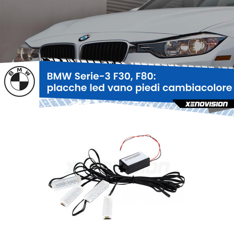 <strong>Kit placche LED cambiacolore vano piedi BMW Serie-3</strong> F30, F80 2012 - 2019. 4 placche <strong>Bluetooth</strong> con app Android /iOS.
