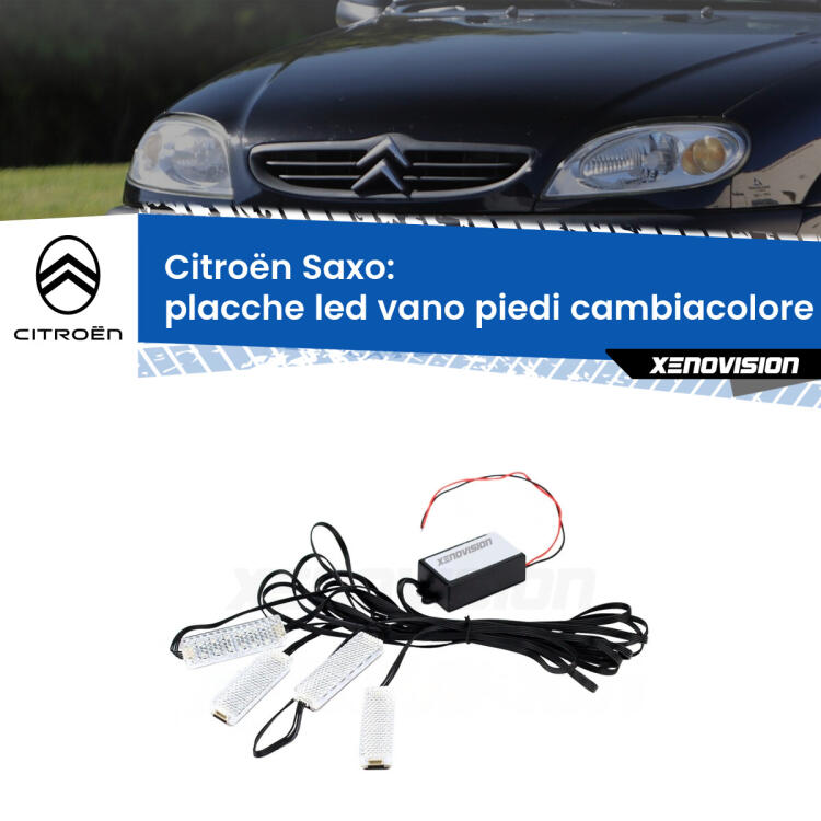 <strong>Kit placche LED cambiacolore vano piedi Citroën Saxo</strong>  1996 - 2004. 4 placche <strong>Bluetooth</strong> con app Android /iOS.