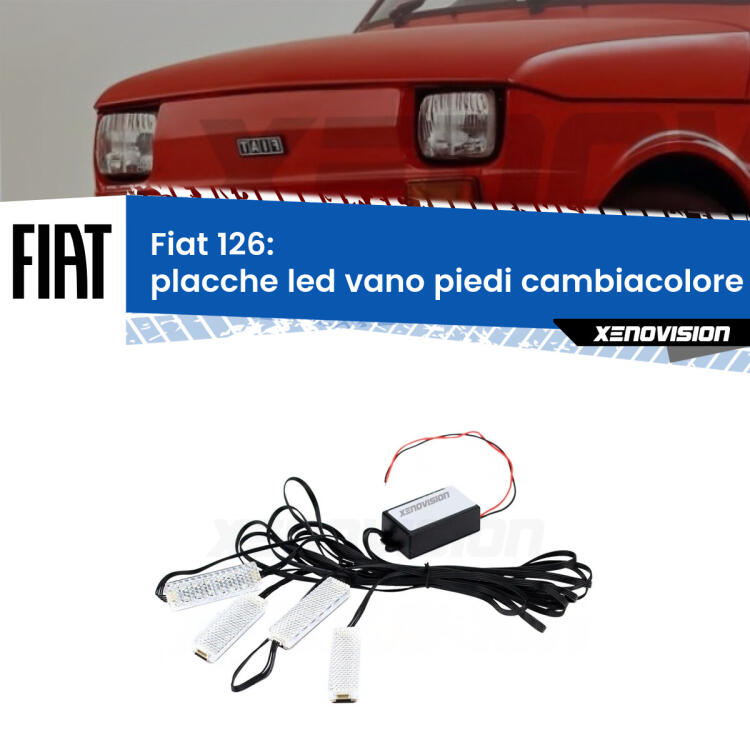 <strong>Kit placche LED cambiacolore vano piedi Fiat 126</strong>  1972 - 2000. 4 placche <strong>Bluetooth</strong> con app Android /iOS.