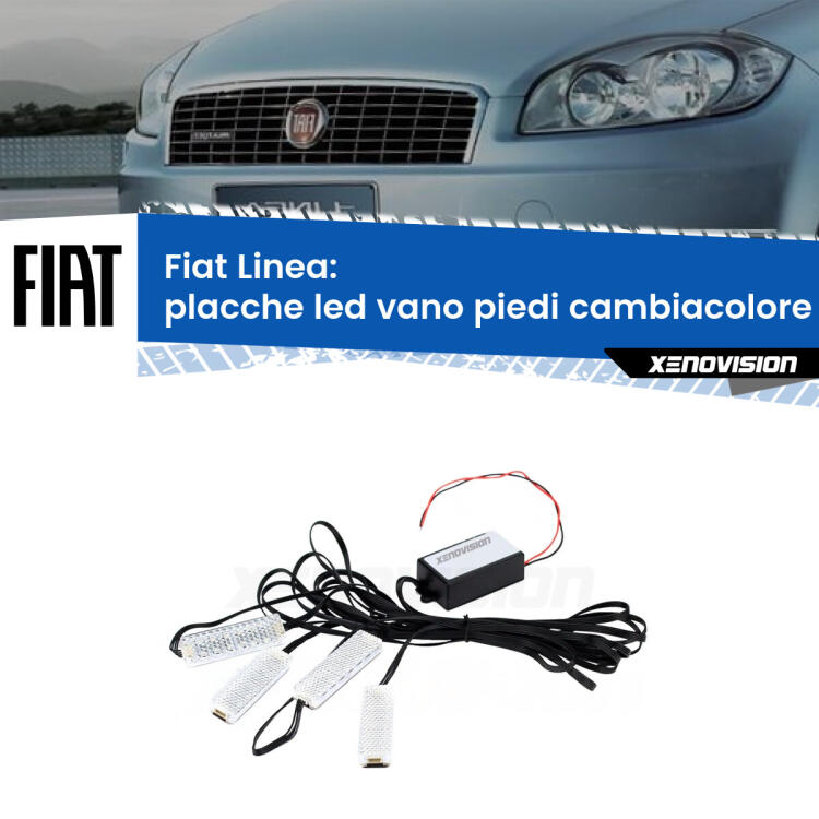 <strong>Kit placche LED cambiacolore vano piedi Fiat Linea</strong>  2007 - 2018. 4 placche <strong>Bluetooth</strong> con app Android /iOS.