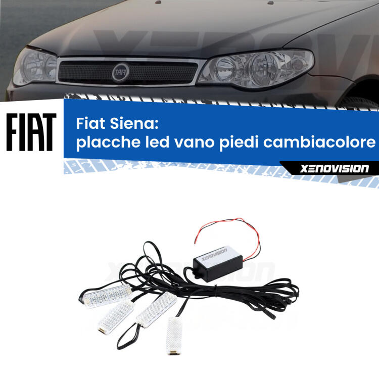 <strong>Kit placche LED cambiacolore vano piedi Fiat Siena</strong>  1996 - 2012. 4 placche <strong>Bluetooth</strong> con app Android /iOS.