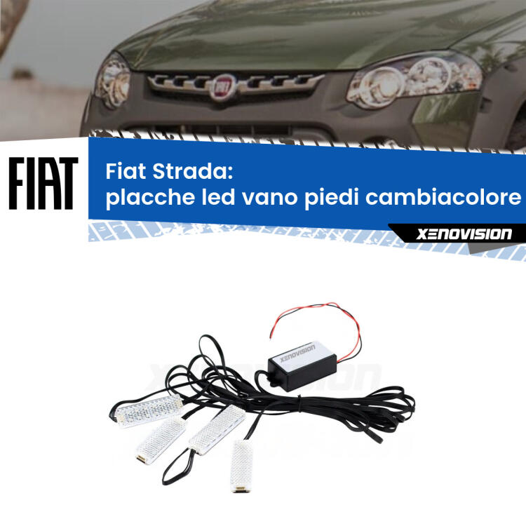 <strong>Kit placche LED cambiacolore vano piedi Fiat Strada</strong>  1999 - 2019. 4 placche <strong>Bluetooth</strong> con app Android /iOS.