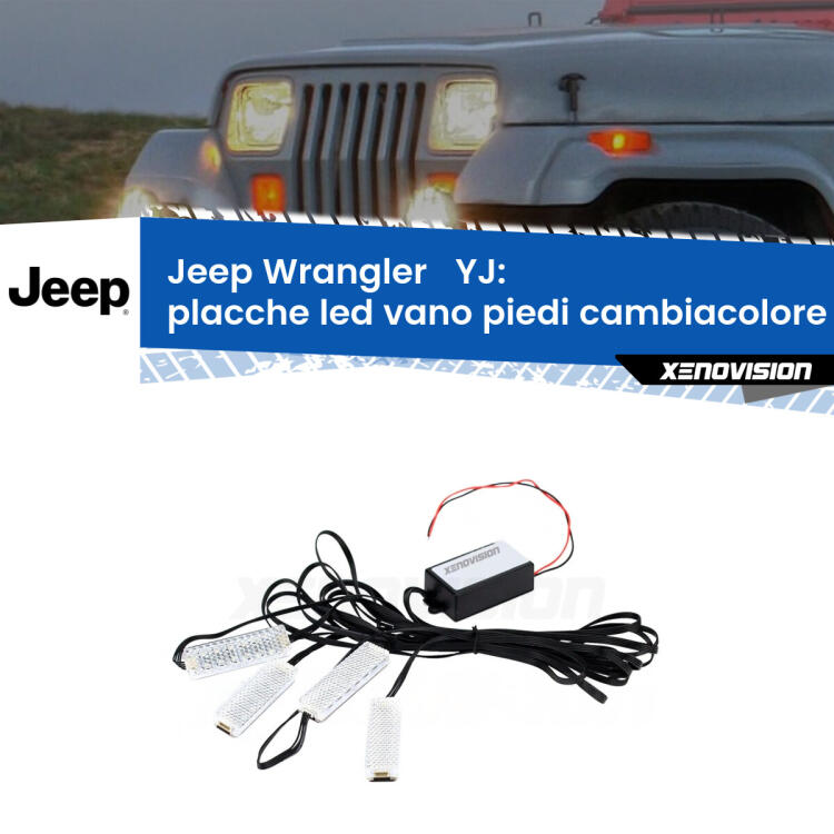 <strong>Kit placche LED cambiacolore vano piedi Jeep Wrangler  </strong> YJ 1986 - 1995. 4 placche <strong>Bluetooth</strong> con app Android /iOS.