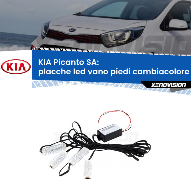 <strong>Kit placche LED cambiacolore vano piedi KIA Picanto</strong> SA 2003 - 2010. 4 placche <strong>Bluetooth</strong> con app Android /iOS.