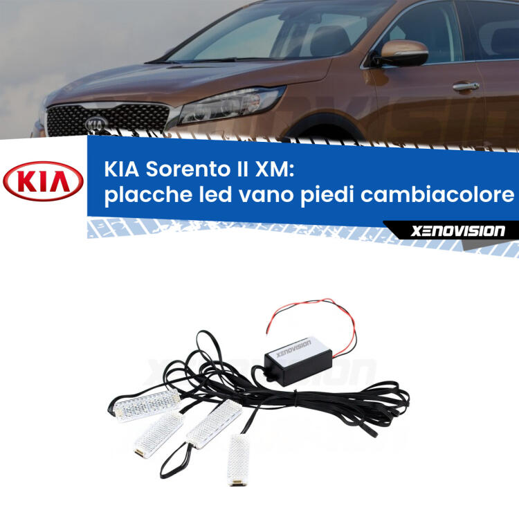 <strong>Kit placche LED cambiacolore vano piedi KIA Sorento II</strong> XM 2009 - 2014. 4 placche <strong>Bluetooth</strong> con app Android /iOS.