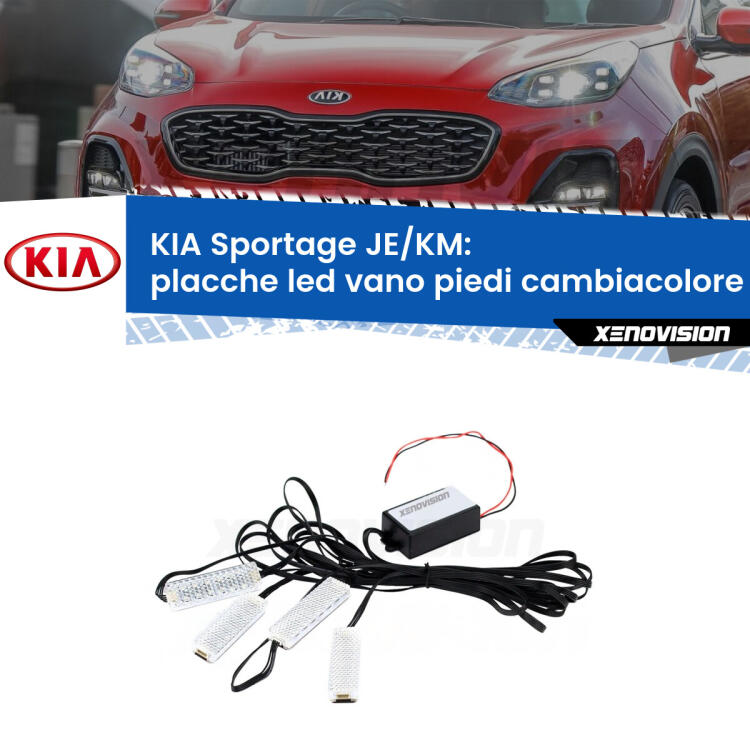 <strong>Kit placche LED cambiacolore vano piedi KIA Sportage</strong> JE/KM 2004 - 2009. 4 placche <strong>Bluetooth</strong> con app Android /iOS.
