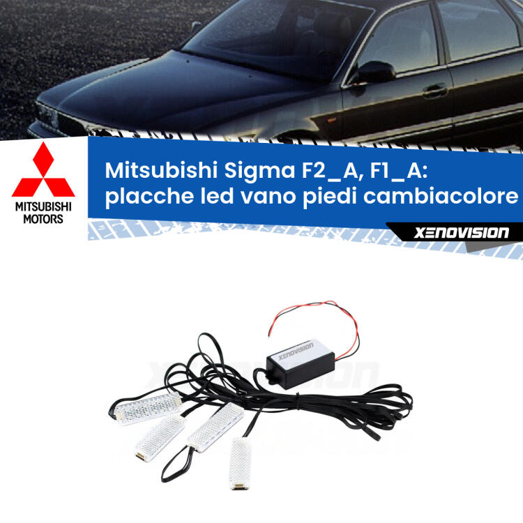 <strong>Kit placche LED cambiacolore vano piedi Mitsubishi Sigma</strong> F2_A, F1_A 1990 - 1996. 4 placche <strong>Bluetooth</strong> con app Android /iOS.