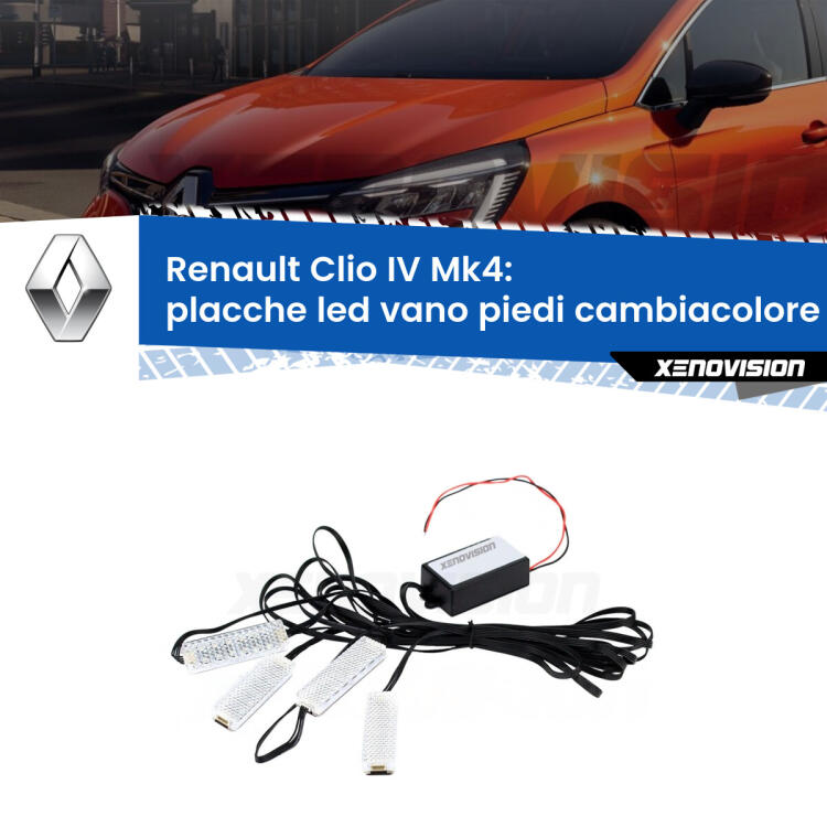 <strong>Kit placche LED cambiacolore vano piedi Renault Clio IV</strong>  2012 - 2018. 4 placche <strong>Bluetooth</strong> con app Android /iOS.