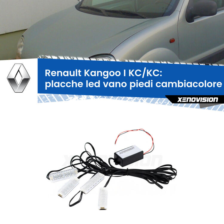 <strong>Kit placche LED cambiacolore vano piedi Renault Kangoo I</strong> KC/KC 1997 - 2007. 4 placche <strong>Bluetooth</strong> con app Android /iOS.