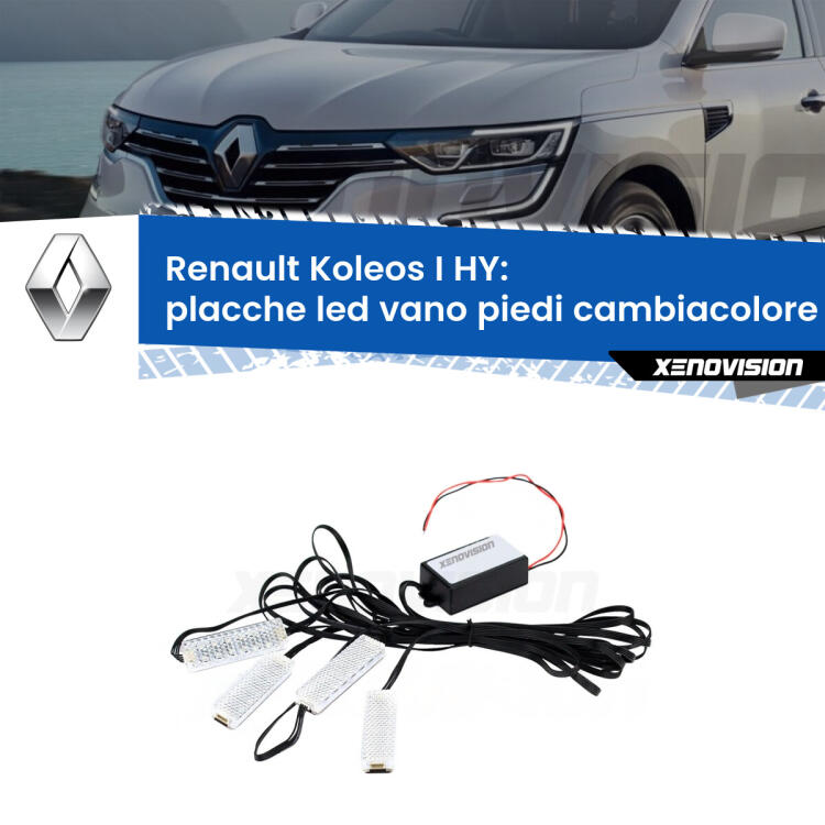 <strong>Kit placche LED cambiacolore vano piedi Renault Koleos I</strong> HY 2006 - 2015. 4 placche <strong>Bluetooth</strong> con app Android /iOS.