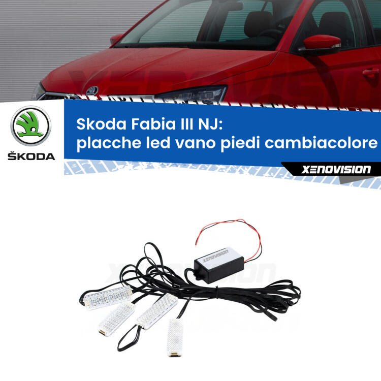 <strong>Kit placche LED cambiacolore vano piedi Skoda Fabia III</strong> NJ 2014 - 2021. 4 placche <strong>Bluetooth</strong> con app Android /iOS.