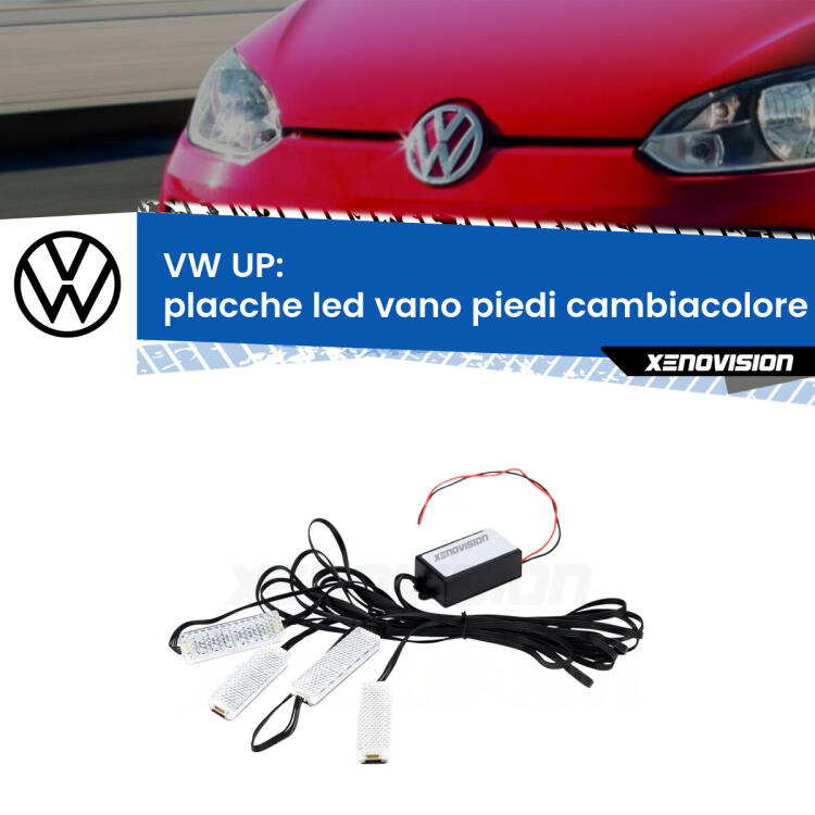 <strong>Kit placche LED cambiacolore vano piedi VW UP</strong>  2011 - 2024. 4 placche <strong>Bluetooth</strong> con app Android /iOS.