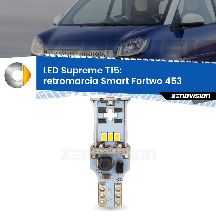 <strong>LED retromarcia per Smart Fortwo</strong> 453 2014 in poi. 15 Chip CREE 3535, sviluppa un'incredibile potenza. Qualità Massima. Oltre 6W reali di pura potenza.