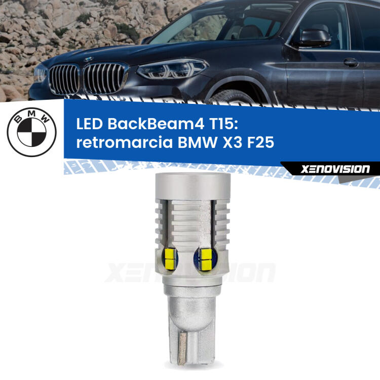 <strong>Retromarcia LED per BMW X3</strong> F25 2010 - 2016. Lampada <strong>T15</strong> canbus modello BackBeam4.