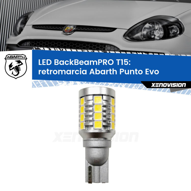 <strong>Luce retromarcia LED per Abarth Punto Evo</strong>  2010 - 2014. Una lampadina <b>T15</b> esageratamente spinta: 15W di potenza, 20 volte più luce delle originali.