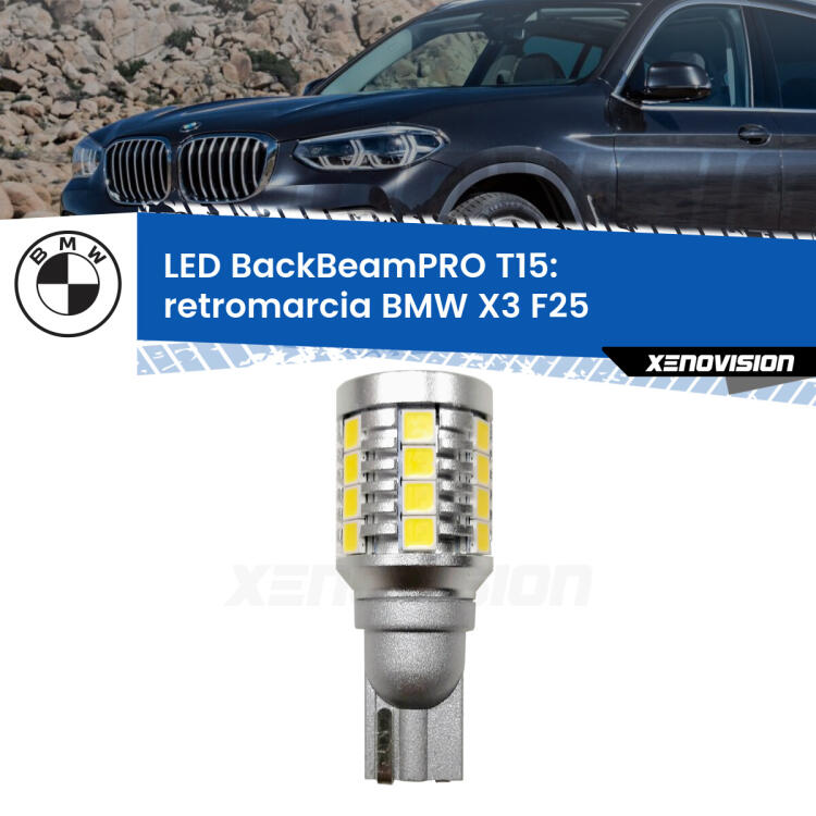 <strong>Luce retromarcia LED per BMW X3</strong> F25 2010 - 2016. Una lampadina <b>T15</b> esageratamente spinta: 15W di potenza, 20 volte più luce delle originali.