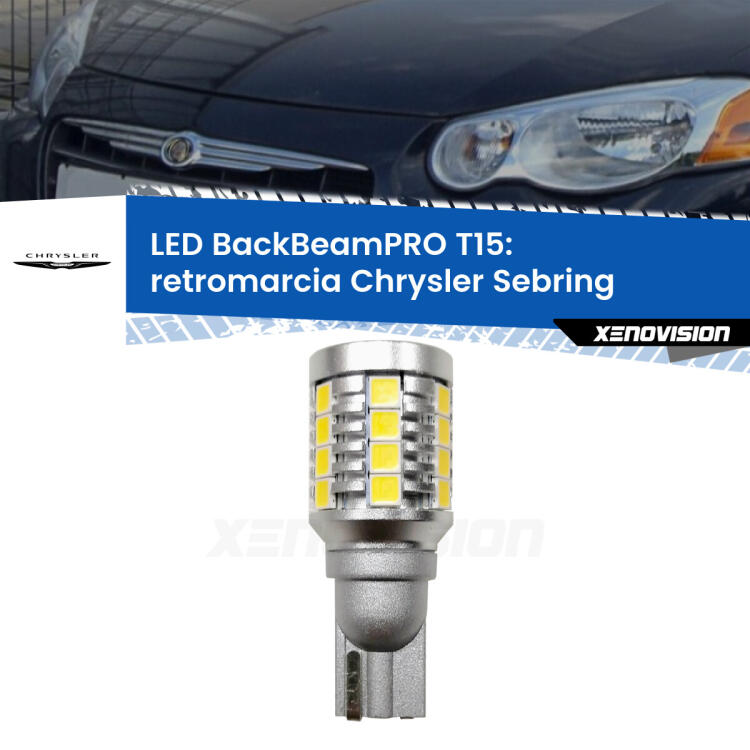 <strong>Luce retromarcia LED per Chrysler Sebring</strong>  2001 - 2007. Una lampadina <b>T15</b> esageratamente spinta: 15W di potenza, 20 volte più luce delle originali.