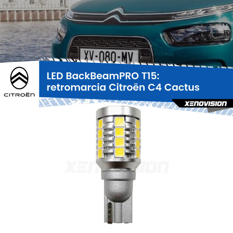 <strong>Luce retromarcia LED per Citroën C4 Cactus</strong>  2018 in poi. Una lampadina <b>T15</b> esageratamente spinta: 15W di potenza, 20 volte più luce delle originali.