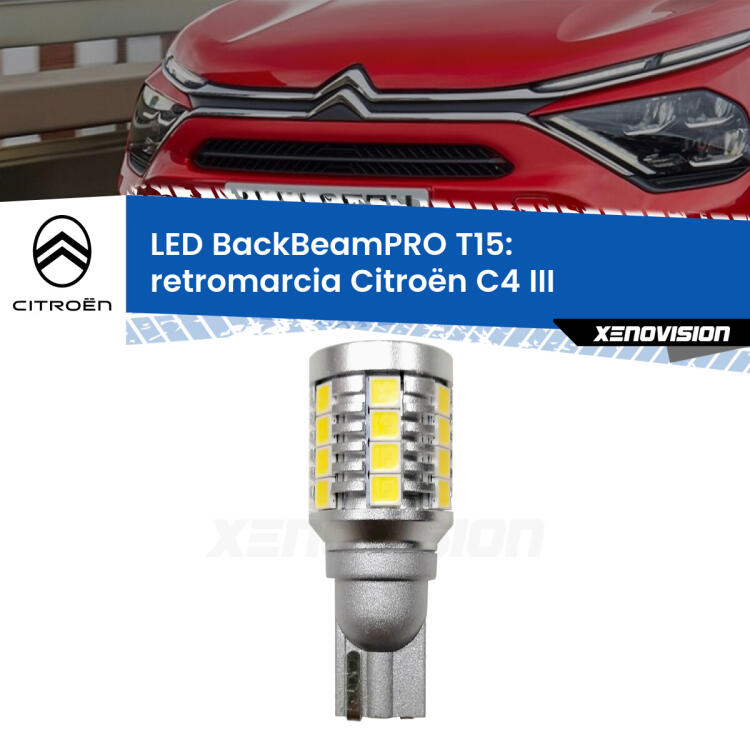 <strong>Luce retromarcia LED per Citroën C4</strong> III 2020 in poi. Una lampadina <b>T15</b> esageratamente spinta: 15W di potenza, 20 volte più luce delle originali.