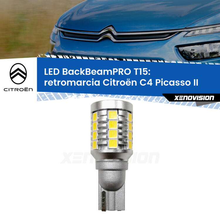 <strong>Luce retromarcia LED per Citroën C4 Picasso</strong> II 2013 in poi. Una lampadina <b>T15</b> esageratamente spinta: 15W di potenza, 20 volte più luce delle originali.