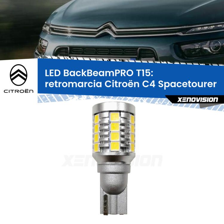 <strong>Luce retromarcia LED per Citroën C4 Spacetourer</strong>  2018 in poi. Una lampadina <b>T15</b> esageratamente spinta: 15W di potenza, 20 volte più luce delle originali.