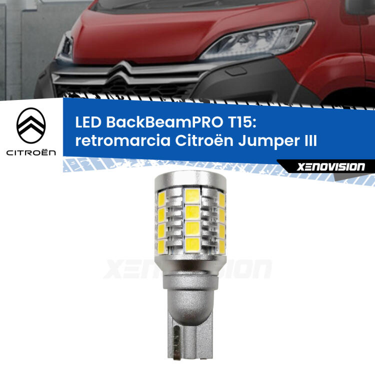 <strong>Luce retromarcia LED per Citroën Jumper</strong> III in poi. Una lampadina <b>T15</b> esageratamente spinta: 15W di potenza, 20 volte più luce delle originali.