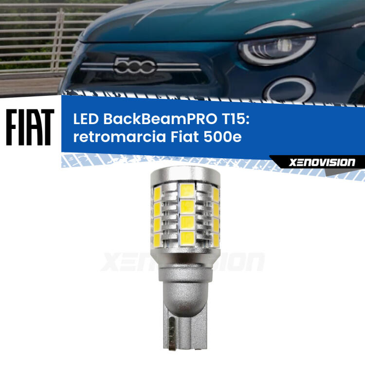 <strong>Luce retromarcia LED per Fiat 500e</strong>  in poi. Una lampadina <b>T15</b> esageratamente spinta: 15W di potenza, 20 volte più luce delle originali.